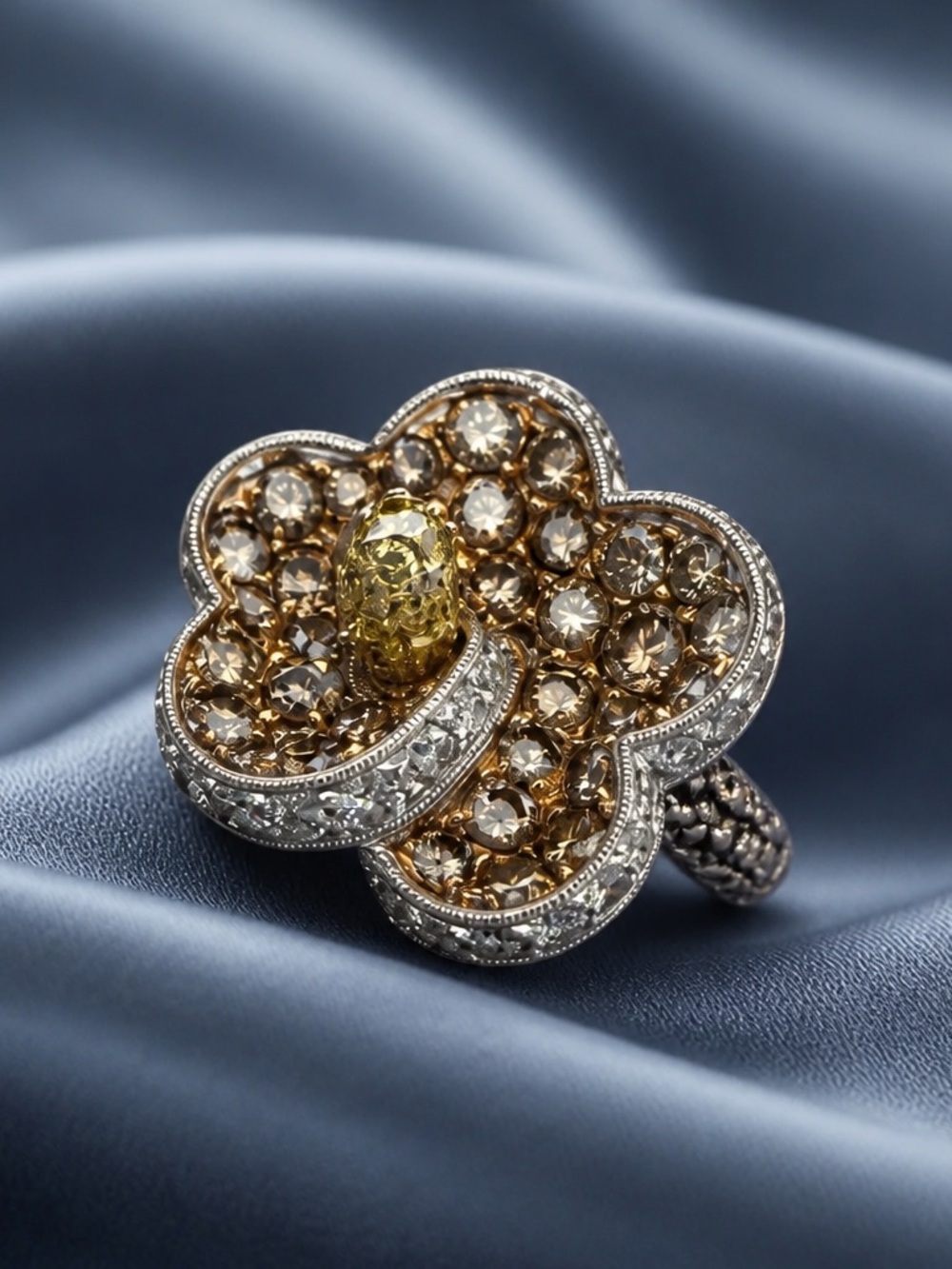 18k white and yellow gold with cluster Diamonds ring